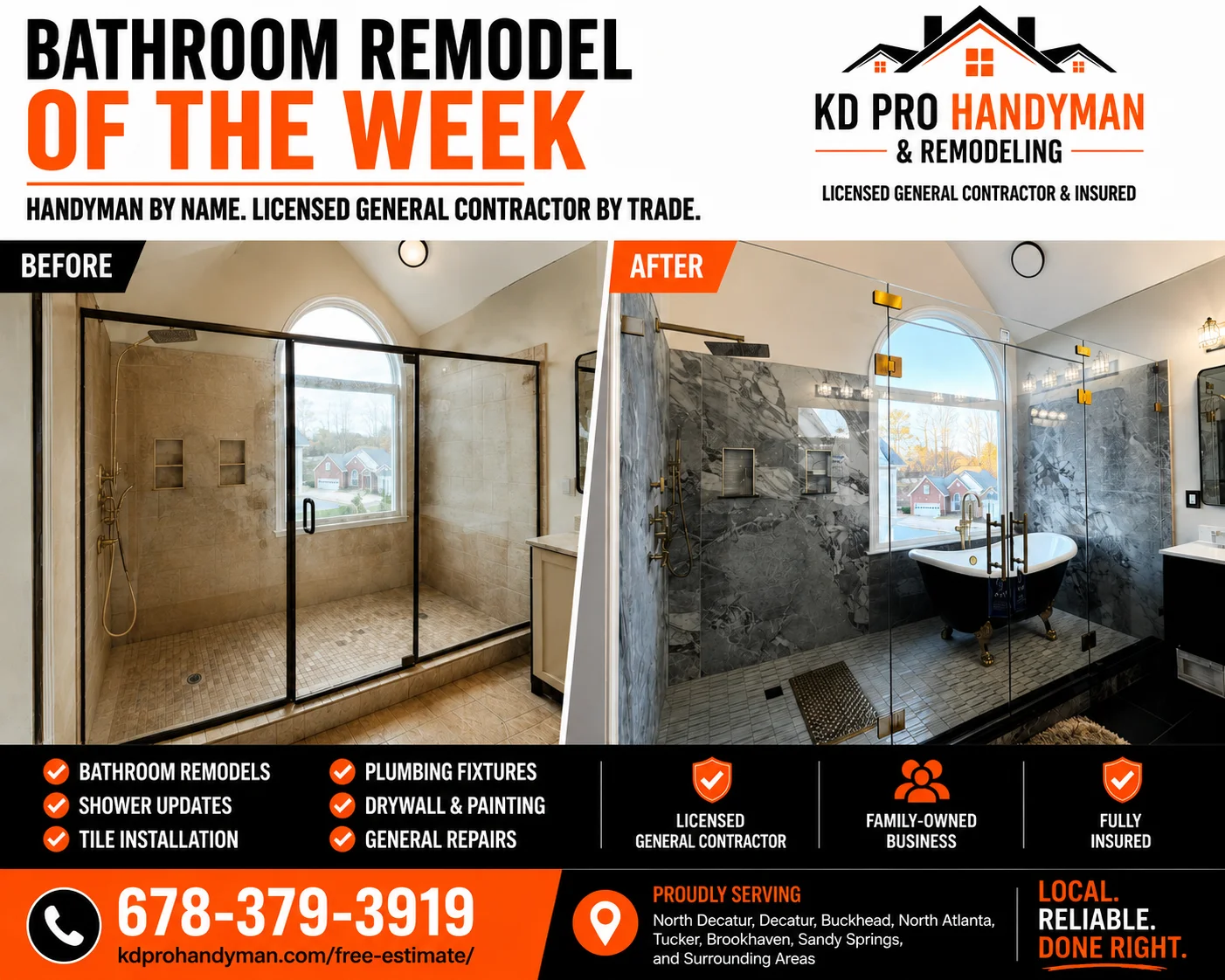 KD Pro Handyman bathroom remodel of the week, before and after shower-to-spa transformation with marble walls and freestanding tub