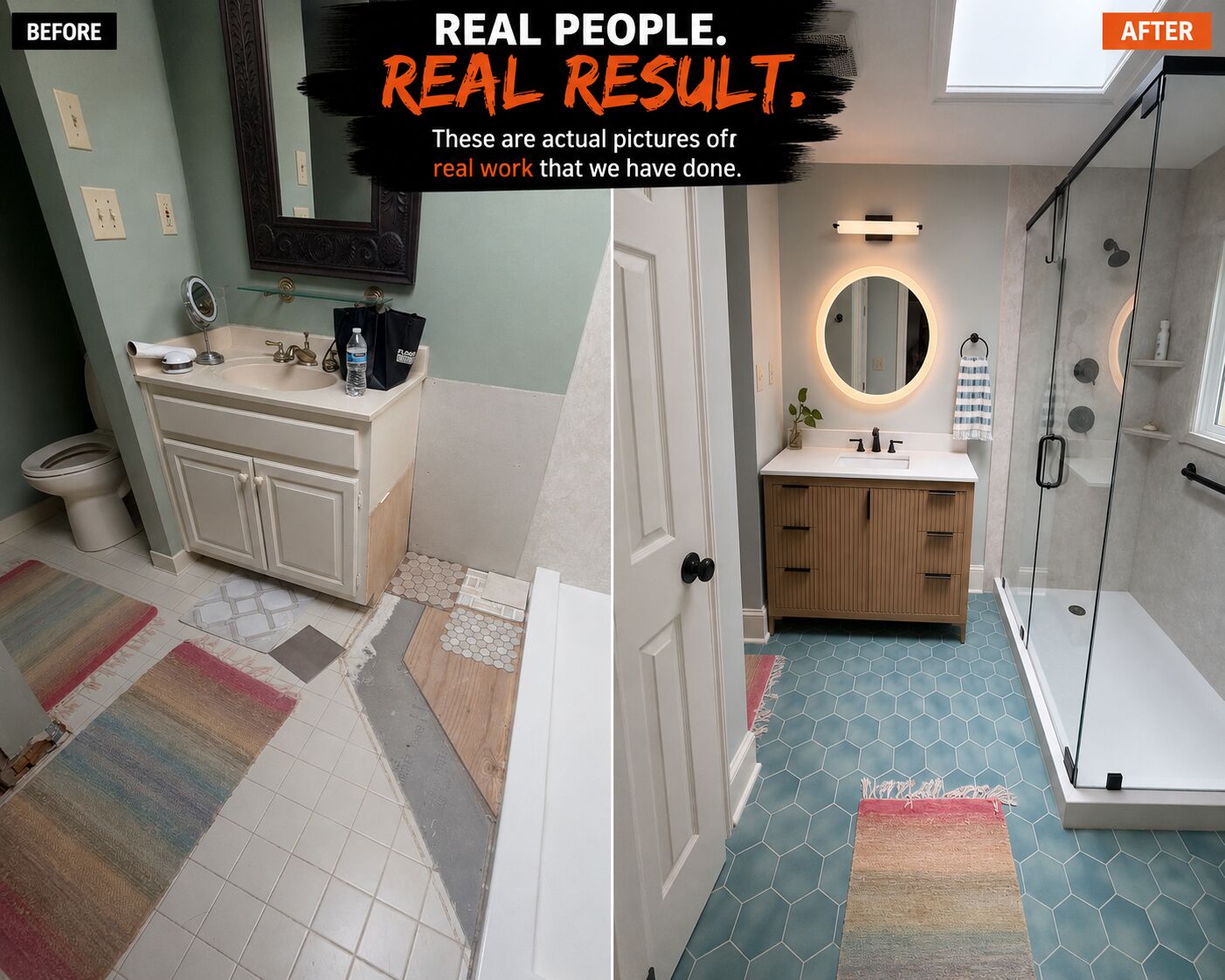 KD Pro Handyman bathroom remodel before and after, new vanity, walk-in glass shower, skylight, and hexagon tile floor