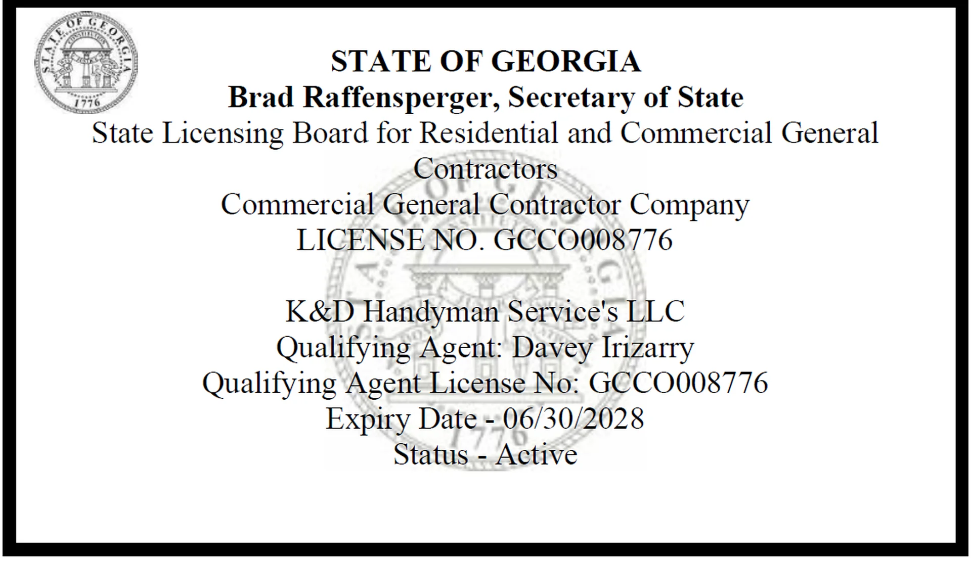 Georgia General Contractor License GCCO008776 - KD Pro Handyman Atlanta