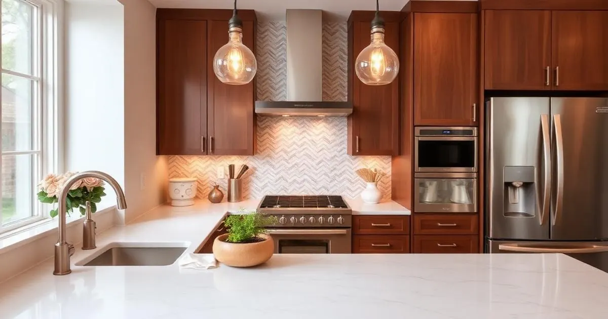 Modern renovated kitchen with new backsplash tile and pendant lighting in Atlanta Georgia home