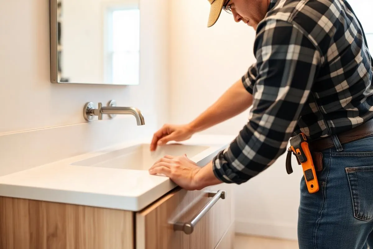 Handyman installing bathroom vanity during Atlanta home renovation