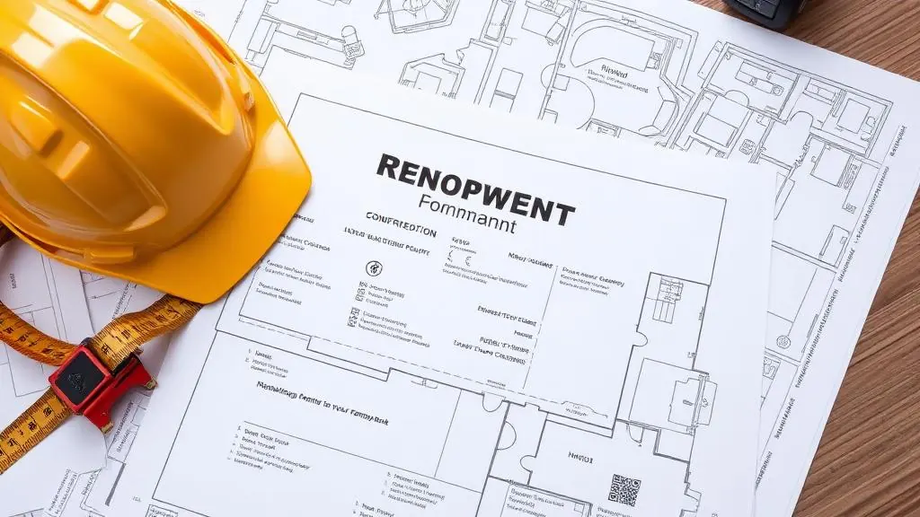 Building permit documents and construction blueprints with hard hat on contractor desk