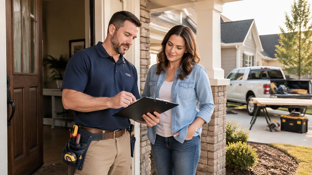 Licensed contractor reviewing project details with a homeowner outside a Tucker, Georgia home