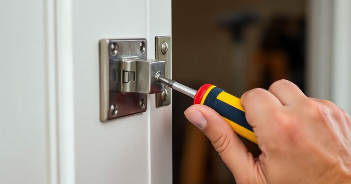 Professional handyman repairing a door hinge during general home repair service in Atlanta GA