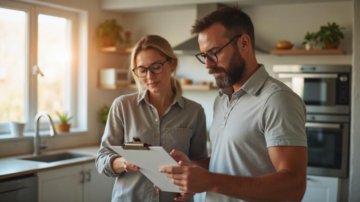 Handyman reviewing checklist with homeowner in Atlanta kitchen