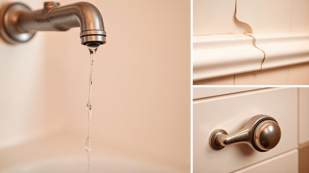 Common home repairs in Atlanta including leaking faucets, cracked drywall, and loose cabinet hardware