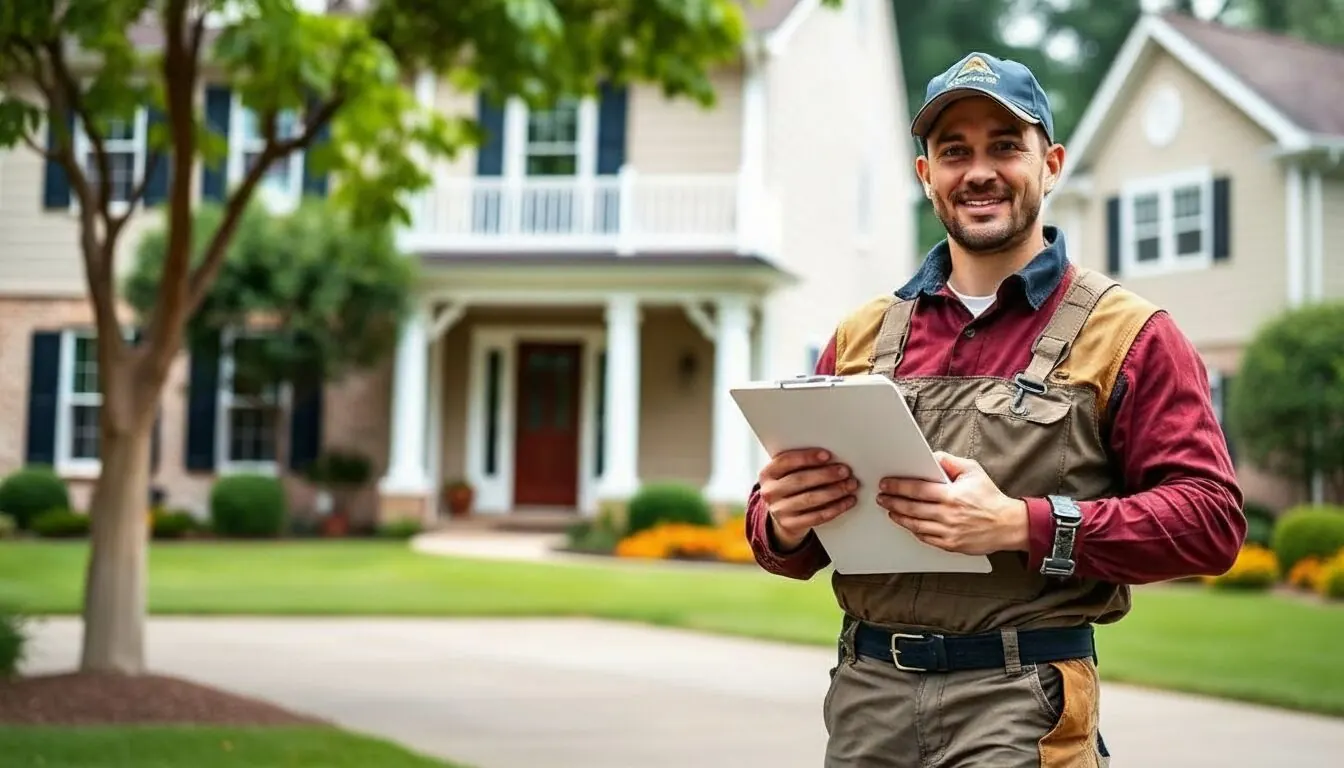 Professional handyman with clipboard in front of Atlanta home