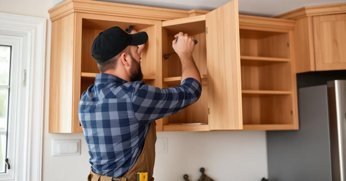 Handyman installing kitchen cabinets during renovation project in Atlanta GA
