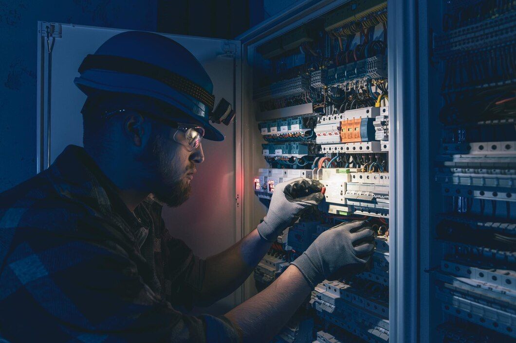 Licensed electrician working on a switchboard panel in an Atlanta home