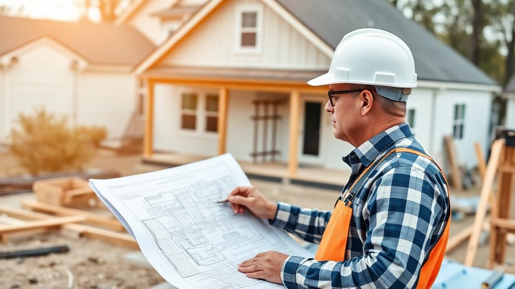 Licensed general contractor reviewing blueprints at a residential construction site in Atlanta