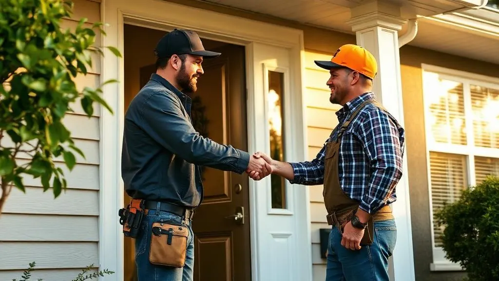 Local handyman meeting homeowner at front door in Atlanta
