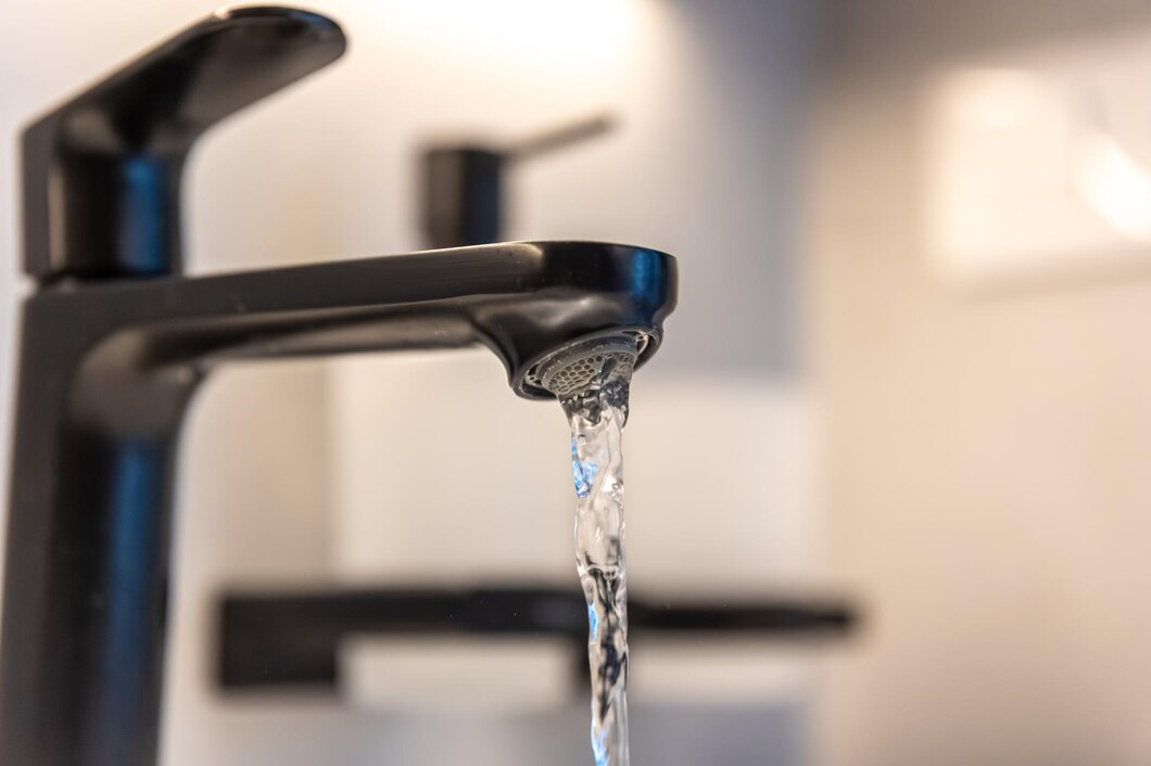 Close up of water flowing from a black faucet showing healthy water pressure