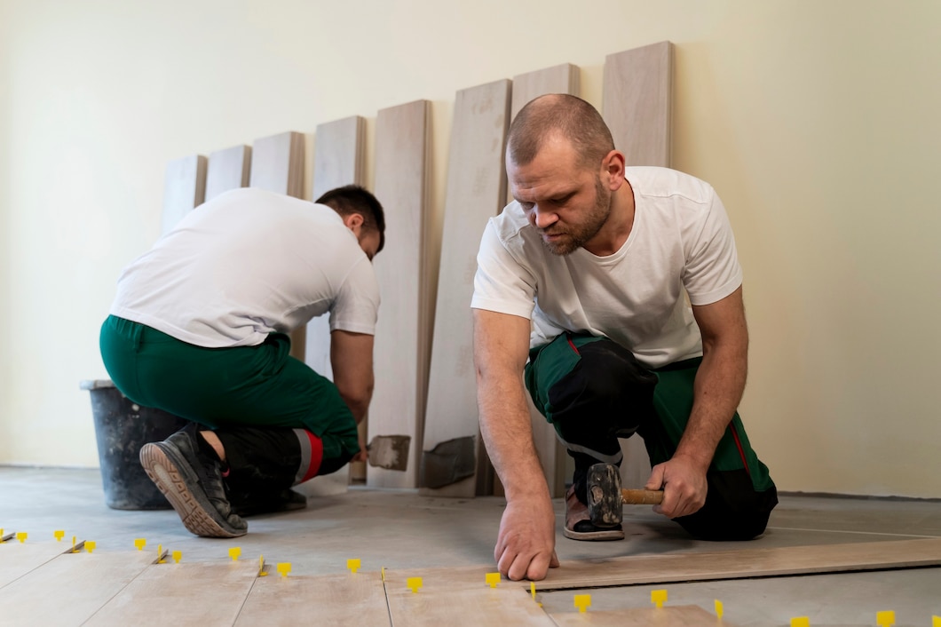 Workers installing tile flooring in an Atlanta home
